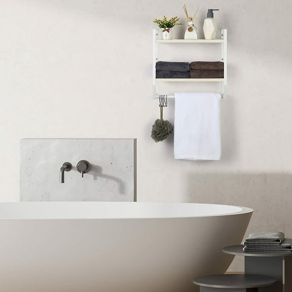 2 Tier Bathroom Shelf Bathroom Hotel Wall Mounted Towel Rack Organizer w/ Hooks