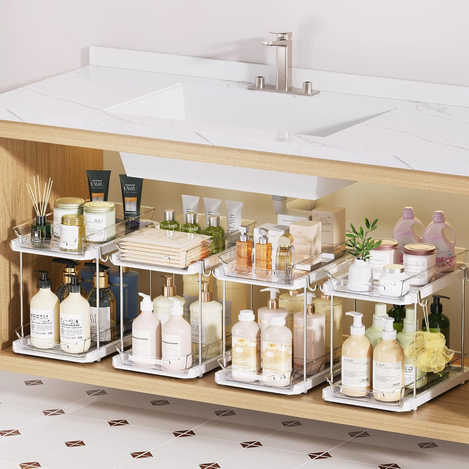 2 Tier Bathroom Under Sink Organizers and Storage with Hook, Multi-Purpose Cabinet Drawers with Movable Dividers, Pull Out Organization for Countertop, Kitchen and Pantry(White, 4 Pack)