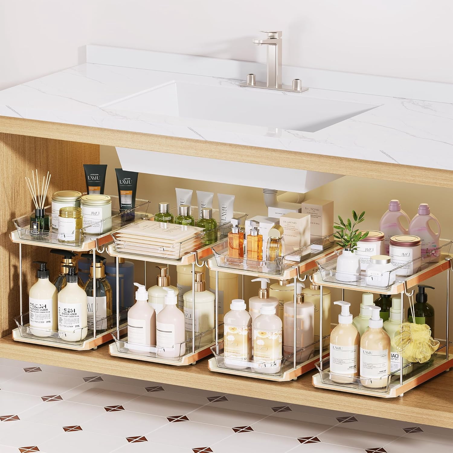 2 Tier Bathroom Under Sink Organizers and Storage with Hook, Multi-Purpose Cabinet Drawers with Movable Dividers, Pull Out Organization for Countertop, Kitchen and Pantry(Wood Grain, 4 Pack)