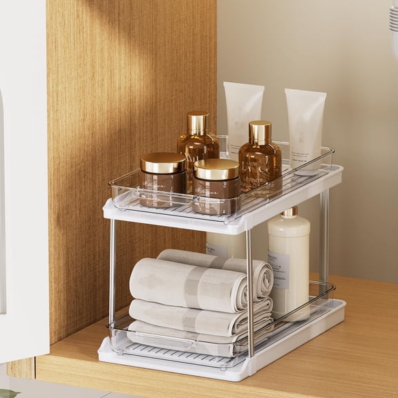 2-Tier Bathroom Under Sink Organizers and Storage, Pull Out Cabinet Drawers with Anti-Slip Design, Multi-Purpose Storage for Kitchen, Pantry, Bathroom & Home Organization, White, 1 Pack