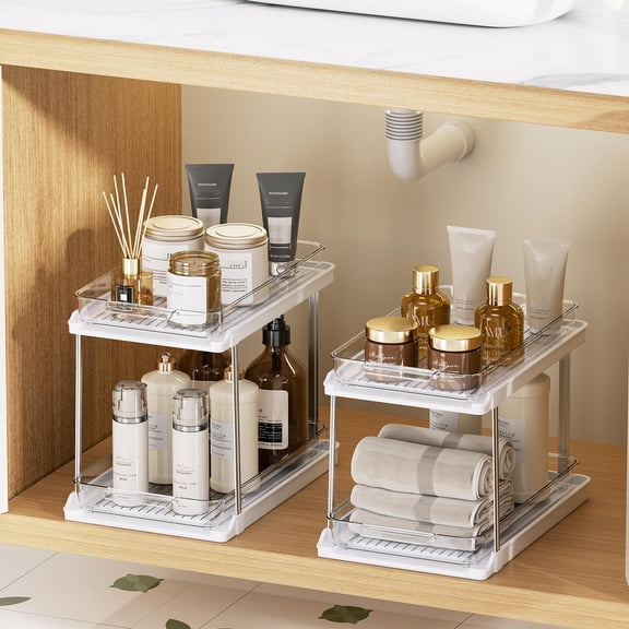 2-Tier Bathroom Under Sink Organizers and Storage, Pull Out Cabinet Drawers with Anti-Slip Design, Multi-Purpose Storage for Kitchen, Pantry, Bathroom & Home Organization, White, 2 Pack