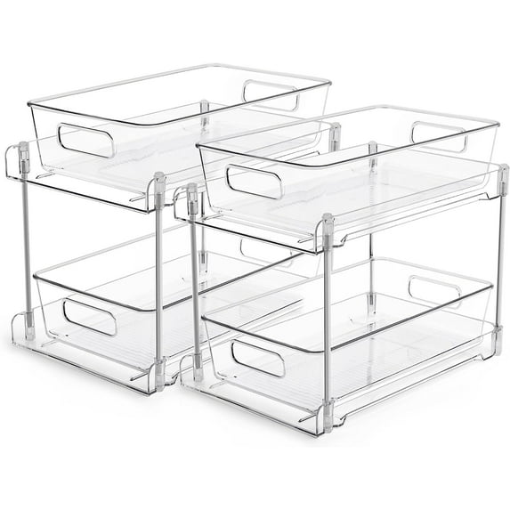 2 Tier Bathroom Storage Organizer, 2 Pack Clear Under Sink Organizers Vanity Counter Storage Container, Sliding Cabinet Organizer, Pull-Out Organization with Track for Pantry, Kitchen
