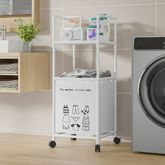 2-Tier Bathroom Storage Rack with Laundry Hamper Basket | White Plastic & Iron Organizer for Toiletries, Towels | Space-Saving Shelf for Toilet or Washing Machine | 1 Piece