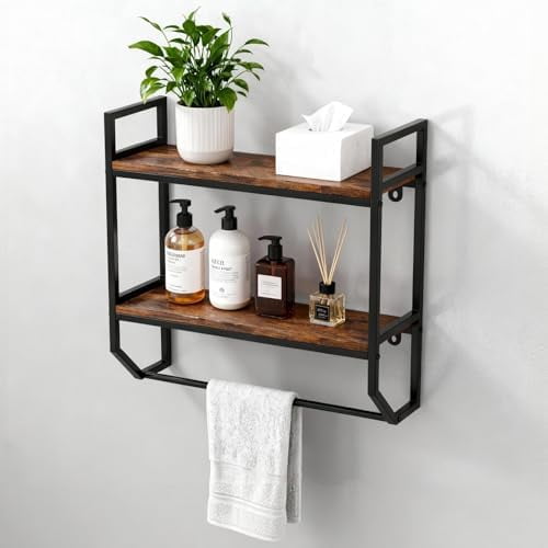 2-Tier Bathroom Towel Rack Industrial Wall Mounted Shelf with Towel Bar, Over The Toilet Storage Shelf with Metal Frame for Bathroom Kitchen Laundry Room Rustic Brown$$Home Decor, Kitchen, & Other