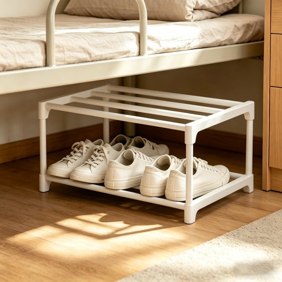 2-Tier Under Bed Shoe Rack 18 Inch, Space Saving Sturdy Shoe Organizer for Dorm Room Small Bedroom Closets, Non Slip Easy Assembly Underbed Storage for Shoes, Black