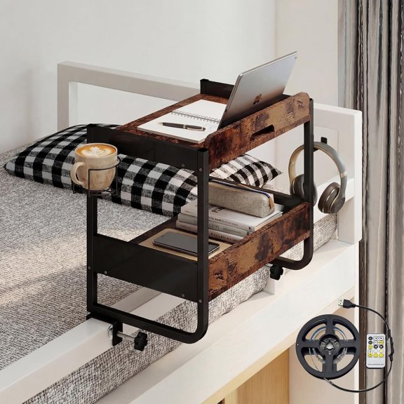 2 Tier Bedside Shelf with Cup Holder for Top Bunk & Loft Beds, Bunk Bed Shelf with LED Light, Tablet Slot, Clip Nightstand for College Dorm Rooms, Small Apartments(Rustic Brown)