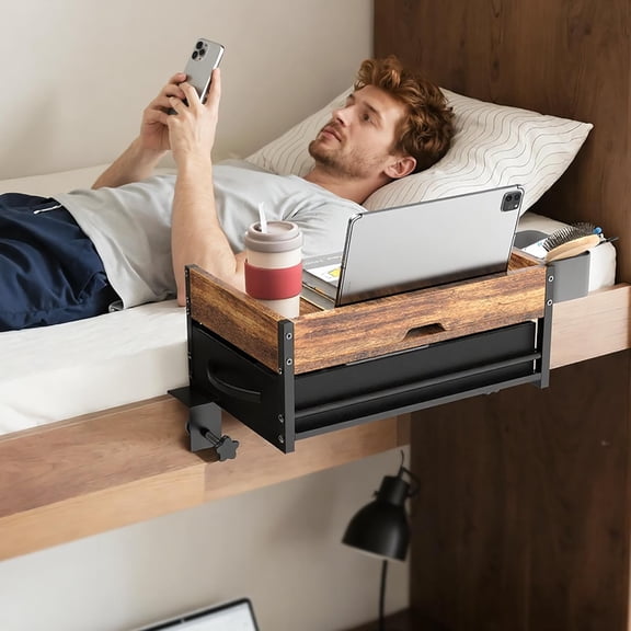 2 Tier Bedside Shelf for Dorm Bunk Bed, Clip On Nightstand with Fabric Drawer & Storage Box