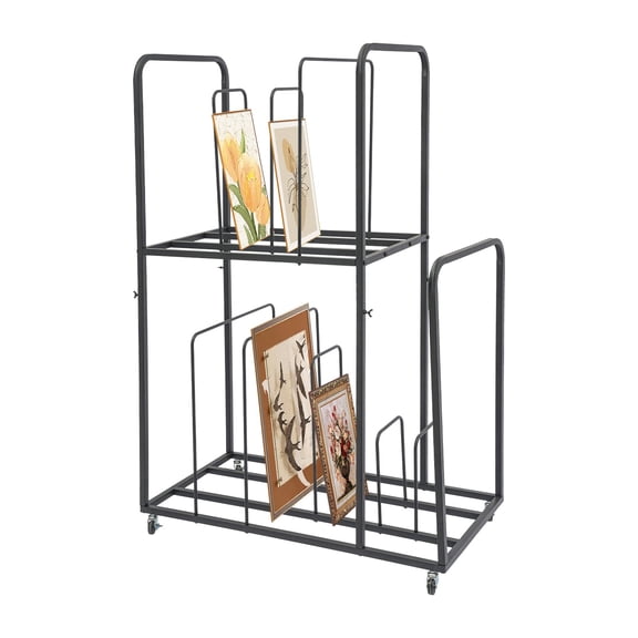 2-Tier Black Art Canvas Storage Rack, IronMobile Display Stand with 4 Wheels, Freestanding Painting Board Holder for Studio Gallery
