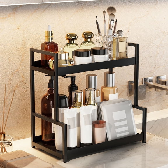 2-Tier Black Bathroom Counter Organizer - Skincare Cosmetic Display Tray For Perfume, Makeup, Bathroom, Kitchen Counters, Under Sinks, Vanity Storage - Modern Countertop Organizer And Vanity Decor