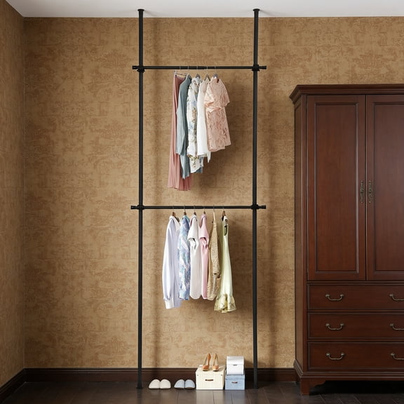 2 Tier Black Clothes Rack for Hanging Clothes Floor to Ceiling Clothes Rack Adjustable Heavy Duty Free-Standing Garment Racks