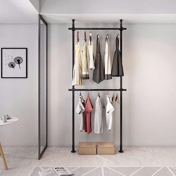 2 Tier Black Clothes Rack for Hanging Clothes Floor to Ceiling Clothes Rack Adjustable Heavy Duty Free-Standing Garment Racks