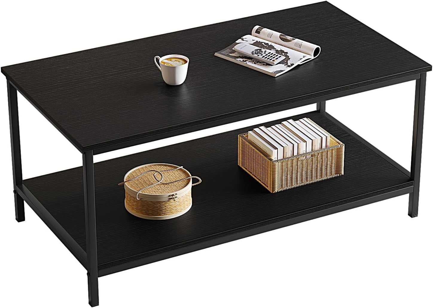 2Tier Black Coffee Table for Living Room Modern Rectangle Coffee Table