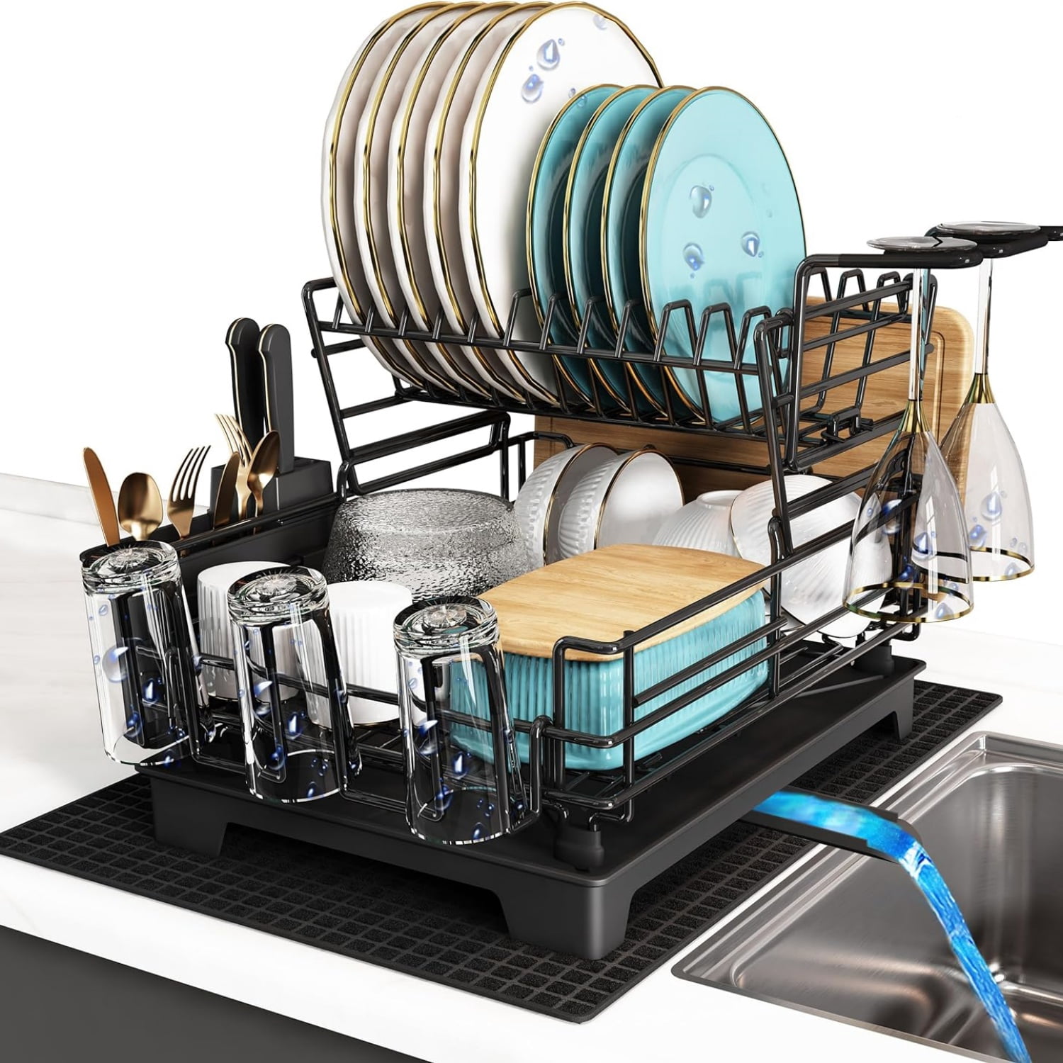 2 Tier Black Large Stainless Steel Dish Drainers Drying Rack for ...
