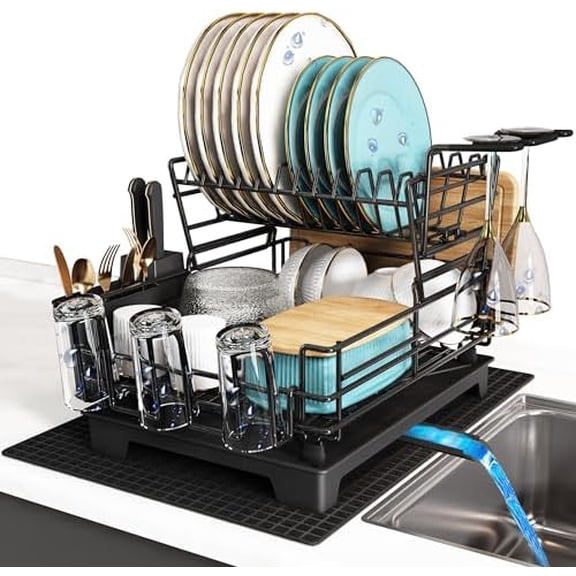2 Tier Black Large Stainless Steel Dish Drainers Drying Rack for Kitchen Counter with Drainboard, Rust Proof Metal, Space Saving, Modern Aesthetic, Compact Plates Strainers with Extra Mat