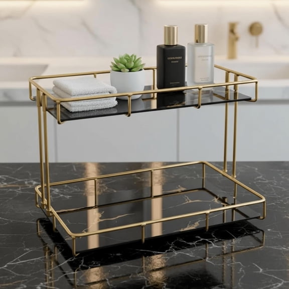 2-Tier Black Marble Bathroom Countertop Organizer - Glass Shelves & Metal Frame, Stylish Storage Shelf for Perfume, Skincare, Makeup & Toiletries