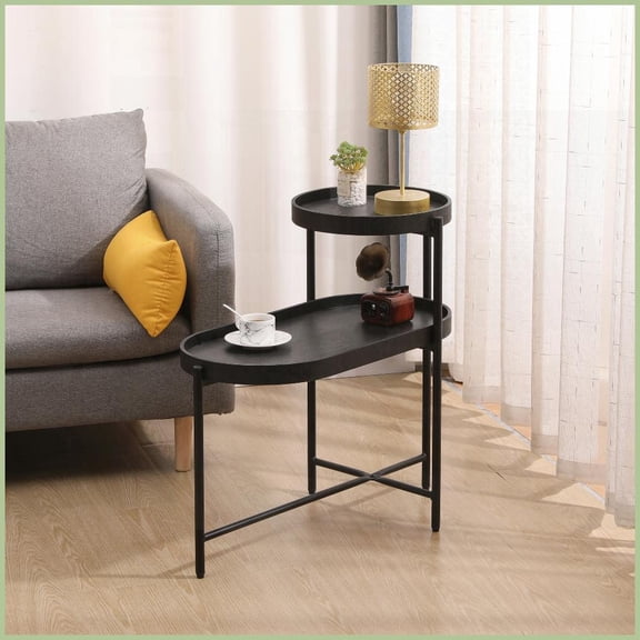 2-Tier Black Metal & Wood Coffee Table for Living Room - Space-Saving & Easy Assembly