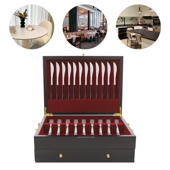 2-Tier Black&Red Wooden Silverware Chest Multifunctional Silverware Storage Box Silverware Case with Handle