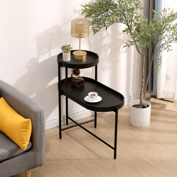 2-Tier Black Side Table with Storage, Sofa Table for Living Room, Metal Frame & Wooden End Table with X-Shape Base