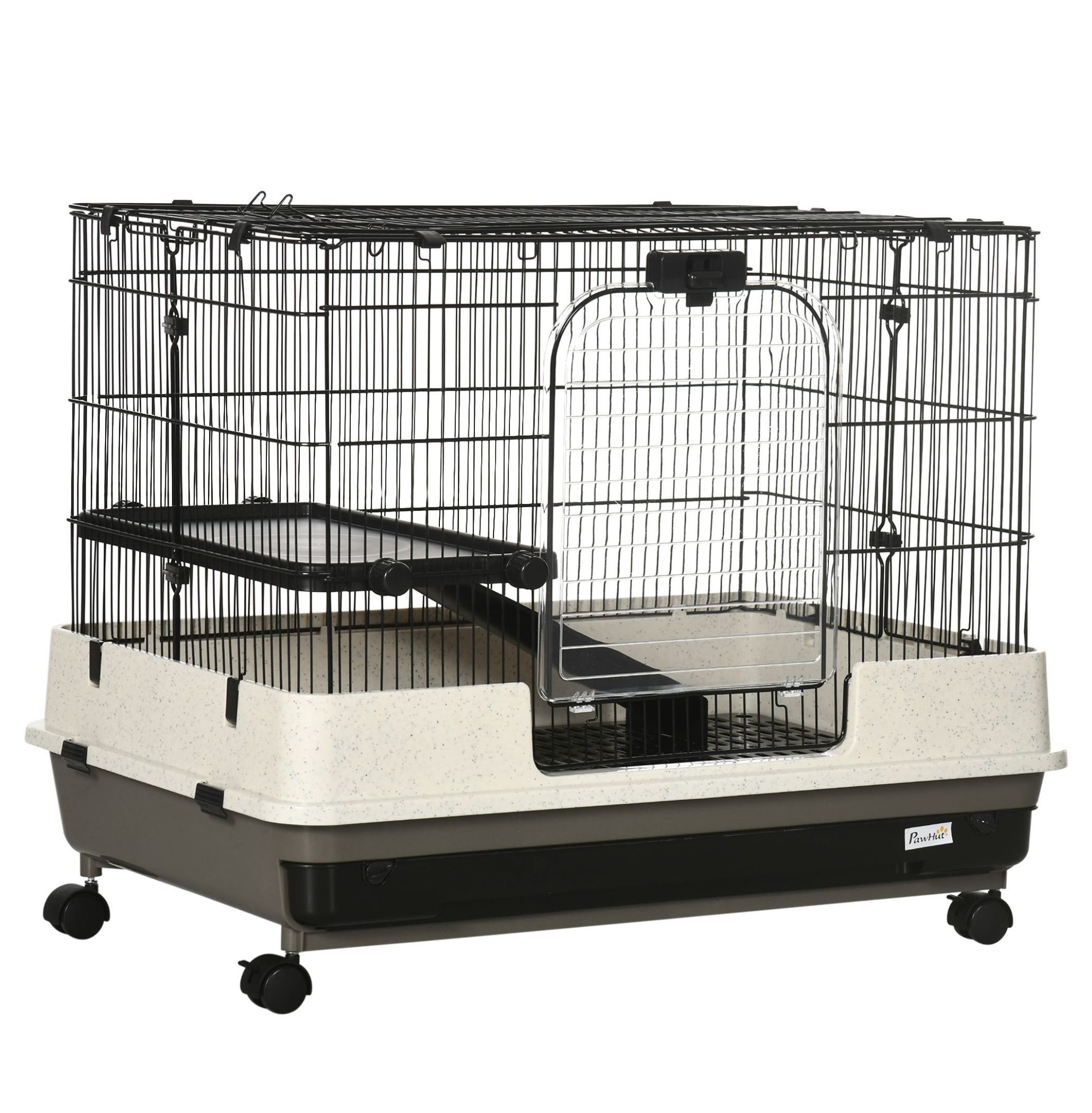 2-Tier Black Small Animal Cage Rabbit Hutch with Wheels Removable Tray Platform Ramp for Bunny Chinchillas Hedgehog Gerbils