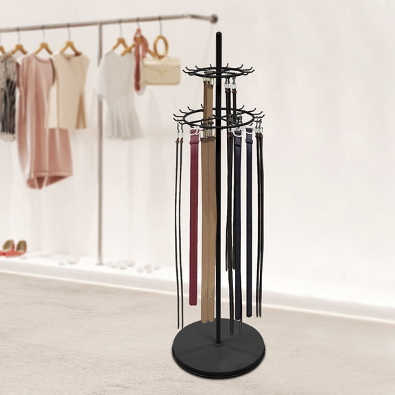 2-Tier Black Steel Tie Rack Floor Stand Belt Hanger Display Shelf 31 Hooks Adjustable Feet
