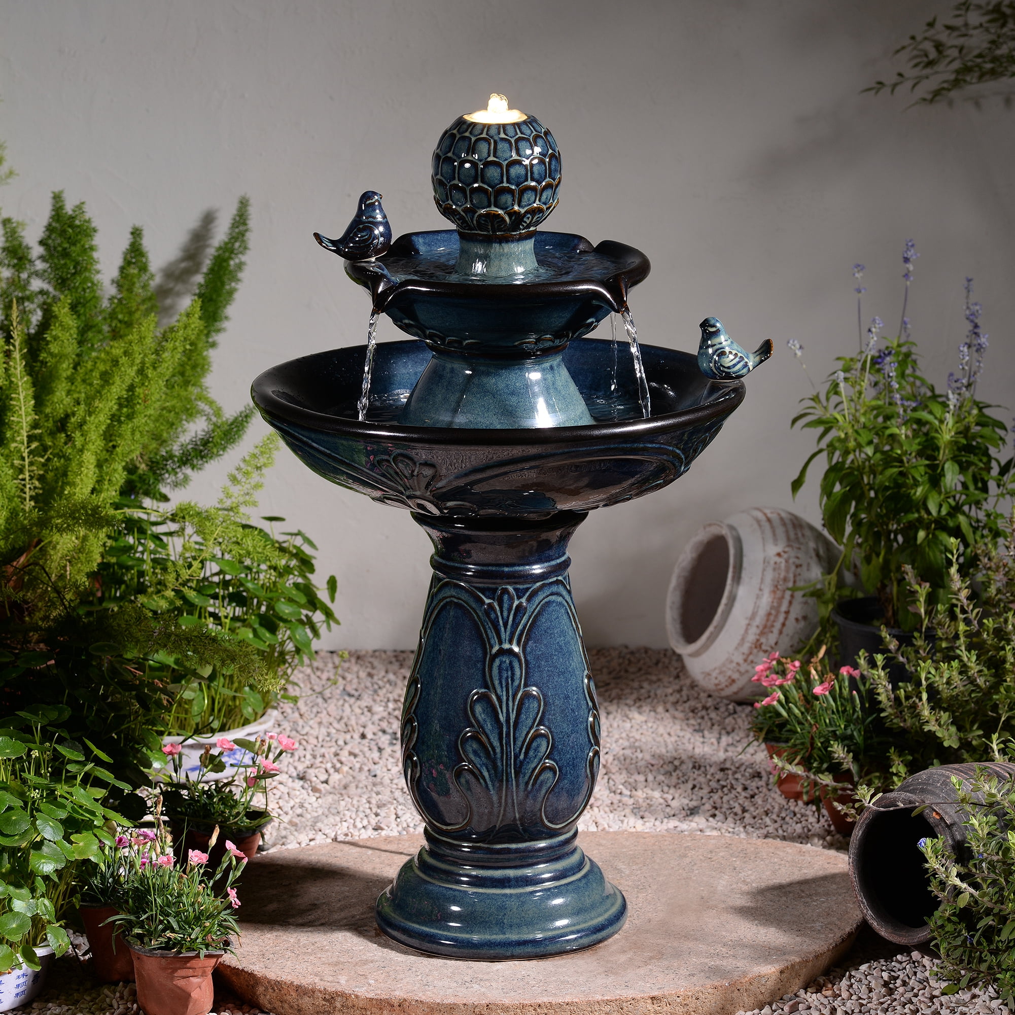 2-Tier Blue Ceramic Bird Bath Fountain, Decorative Water Fountain with LED Lights and Quiet Pump, Indoor Outdoor Water Feature for Patio, Garden, Deck, Balcony, Office and Home Décor