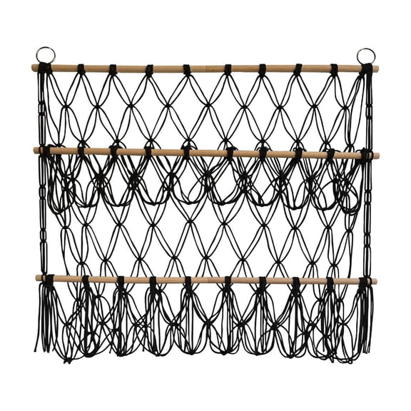 2 Tier Boho Macrame Stuffed Animal Storage Net Shelf, Dense Mesh Toy Holder with Lights & Clips for Bedroom & Playroom(Black,76x80cm)