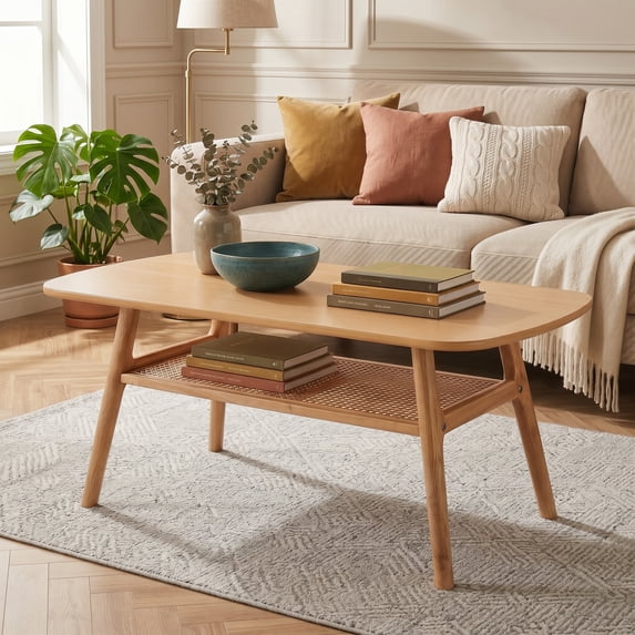 2-Tier Boho Rattan Coffee Table with Rounded Corners & Storage Shelf, Center Table Cocktail Tea Table for Living Room,Natural