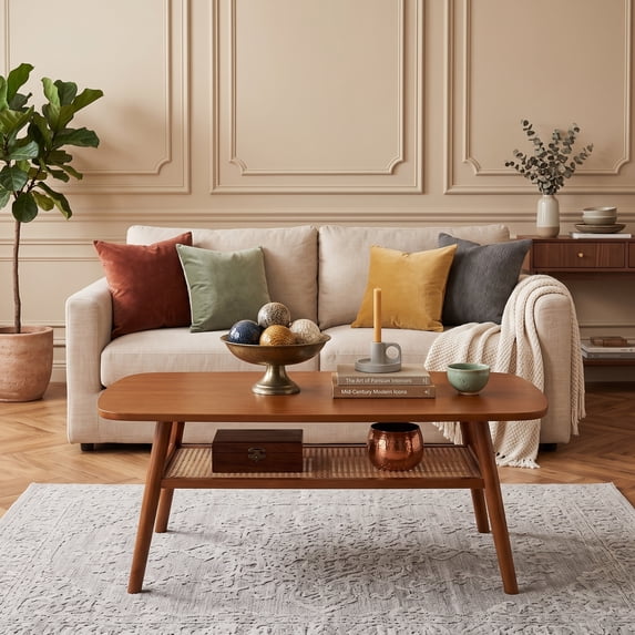 2-Tier Boho Rattan Coffee Table with Rounded Corners & Storage Shelf, Center Table Cocktail Tea Table for Living Room,Walnut