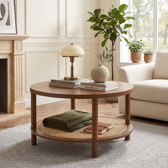 2-Tier Boho Rattan Coffee Table with Rounded Corners & Storage Shelf, Round Center Table Cocktail Tea Table for Living Room, Walnut