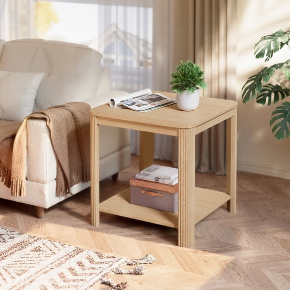 2Tier Boho Square End Table with Vertical Wave Grain Legs, Rounded Corner Side Table Nightstand, 22.1 for Living Room Bedroom Home Office, Oak