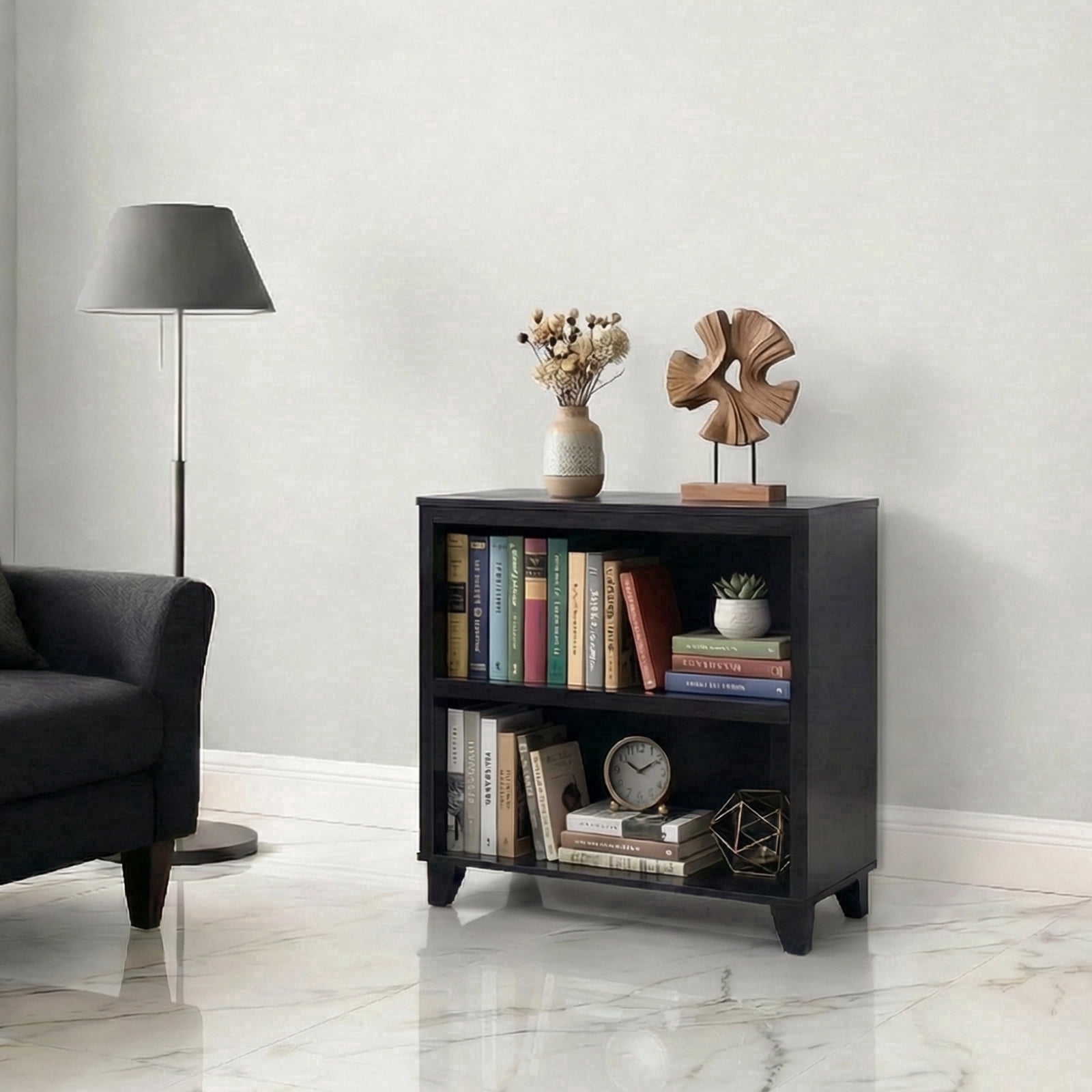 2-Tier Bookcase with Adjustable Shelves，27.56"W x 11.83"D x 28.11"H Floor Standing Open Bookshelf with Wood Legs for Home Office, Living Room, and Bedroom Storage,Black