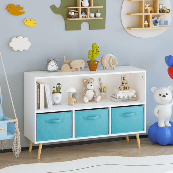 2-Tier Bookcase Book Shelf with Collapsible Fabric Drawers, Toy Storage Cabinet Organizer with 4 Pine Legs, Children's Book Display for Playroom, Living room, White+Blue