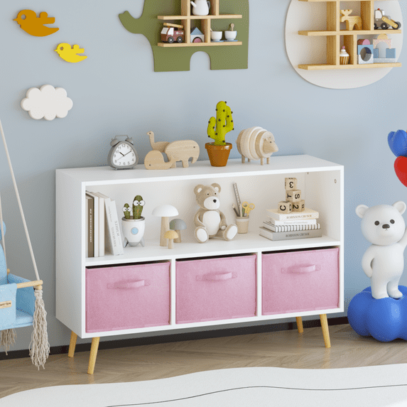 2-Tier Bookcase Book Shelf with Collapsible Fabric Drawers, Toy Storage Cabinet Organizer with 4 Pine Legs, Children's Book Display for Playroom, Living room, White+Pink