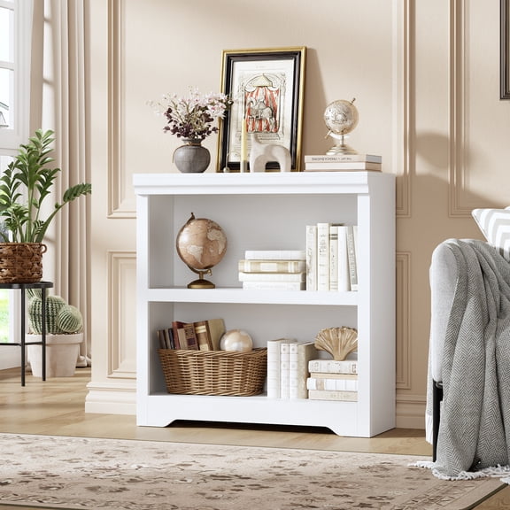 2 Tier Bookshelf, 31.5" Tall Farmhouse Bookcase - with Adjustable Shelves, Floor Standing Open Display Storage Rack with Anti-Slip Design for Home Office, Balcony, Library, Study / Living Room, White