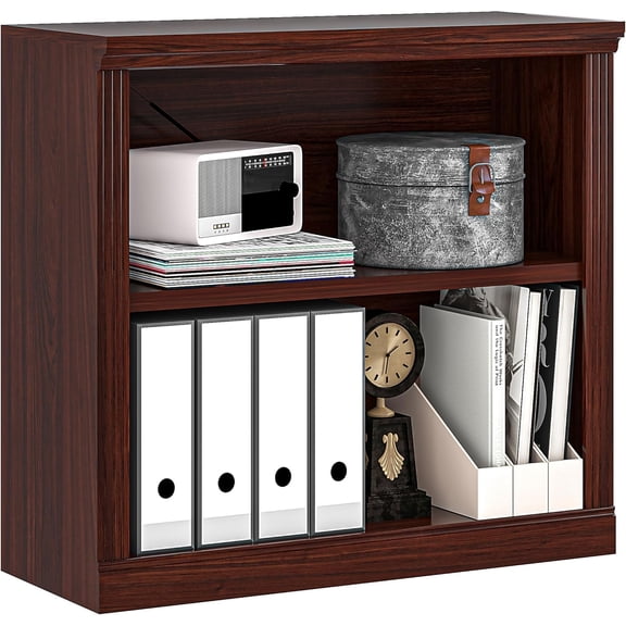 2-Tier Bookshelf Basic Book Case, Wooden Storage Shelves Rustic Floor Standing Bookshelves, D:12.8" x W: 30.7" x H: 28.6", Sturdy Display Cabinet for Living Room, Library, Office, Cherry