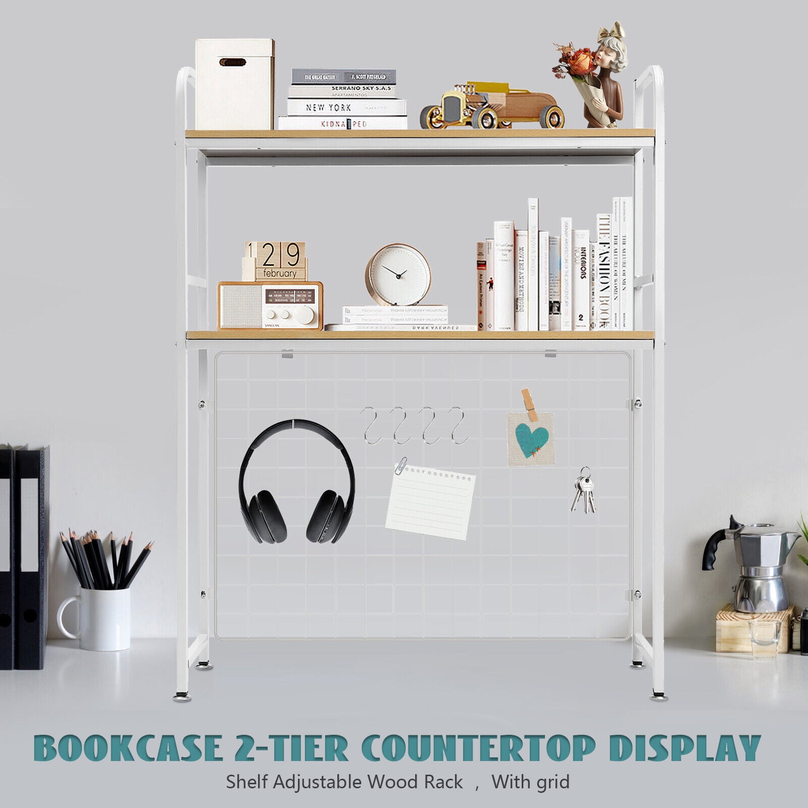 2Tier Bookshelf Modern 4 Hooks Tabletop Holder Rack Bookcase
