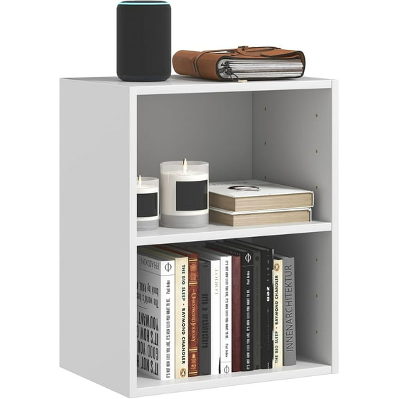 2-Tier Bookshelf, Open Shelf Bookcase with 7-Position Adjustable Shelf, Multifunctional Wooden Cubby Storage Display Shelf for Home Office Study Living Room (White, 1)