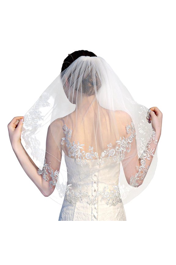 2 Tier Bride Bachelorette Veil Bridal Embroidered Veil with Comb Elbow Length.