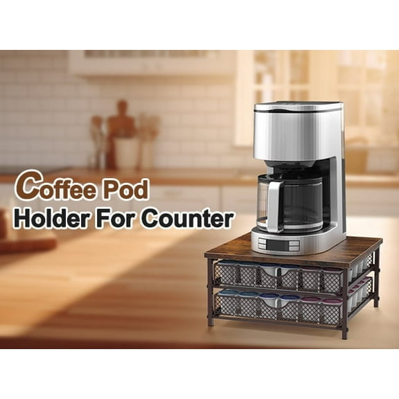 2-Tier Bronze Coffee Pod Holder, 1.2CM Burnished Wood Tray & Metal Frame Organizer for Nespresso & K-Cup Capsules - Space-Saving Countertop Storage Rack