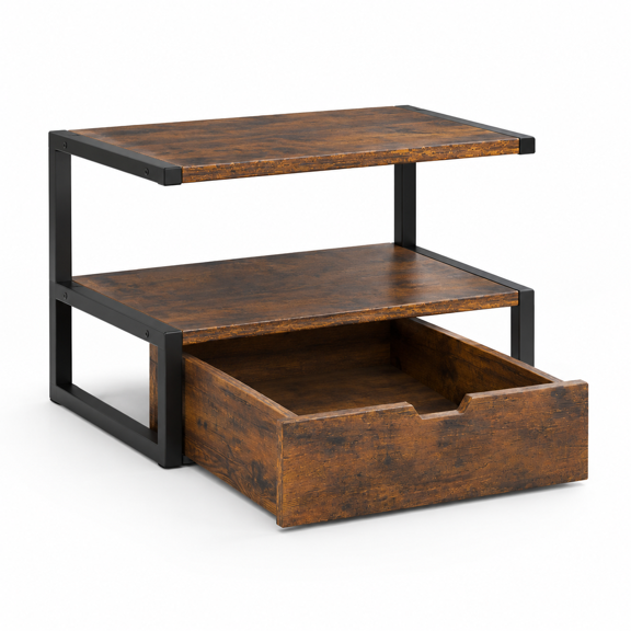 2 Tier Brown Desktop Printer Stand with Storage Drawer for Office and Home Use
