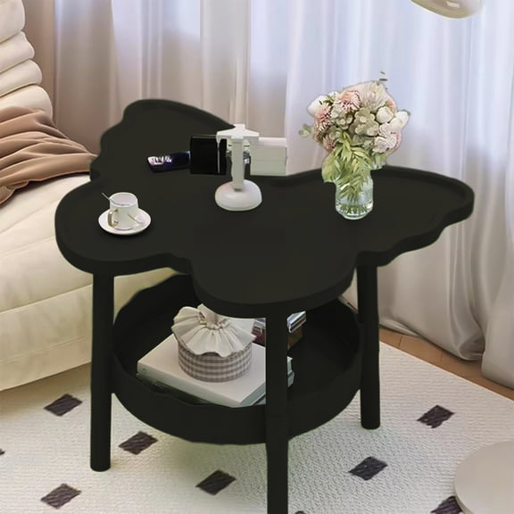 2-Tier Butterfly Shaped Side Table with Open Storage Shelf, Multifunctional Nightstands for Living Room, Bedroom & Office, Plastic Coffee Table (Black)