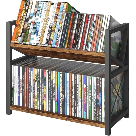 2-Tier CD Holder, Wooden DVD Storage Rack for Display, Tilting CD Shelf Holds Up to Standard CDs 80 Cases or DVDs 56 cases, Retro Desk DVD Organizer Tower for Music Enthusiasts, Rustic Brown