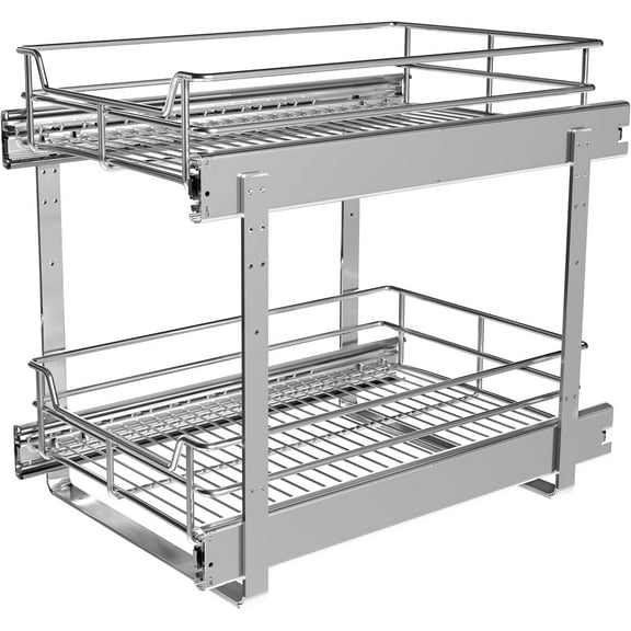 2-Tier Cabinet Pull Out Shelves (14"W x 22"D), Slide Out Shelves for Kitchen Cabinets, Metal Under Cabinet Roll Out Shelf