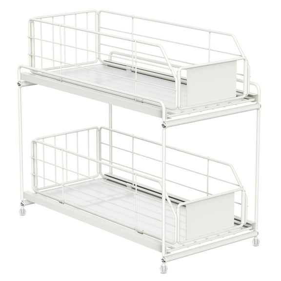 2-Tier Cabinet Storage Organizer Baskets with Sliding Drawer Set of 2, White