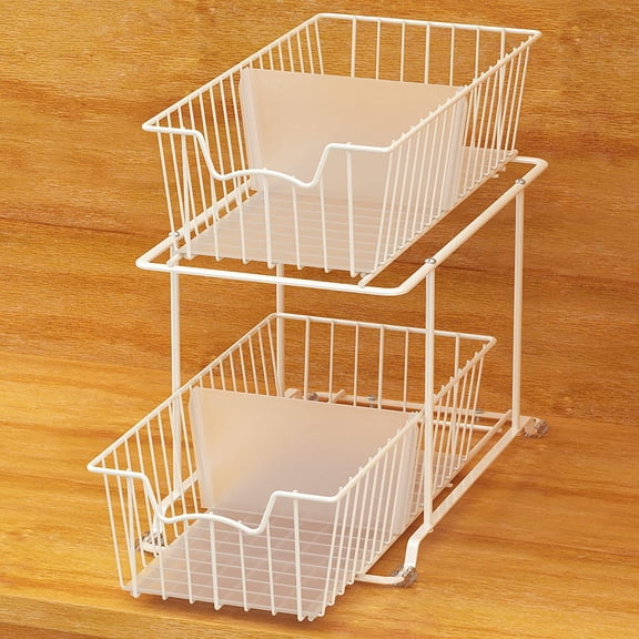 2 Tier Cabinet Wire Basket Drawer Organizer, White, Kitchen Storage Rack, Pantry Organizer, Space Saving Shelving Unit