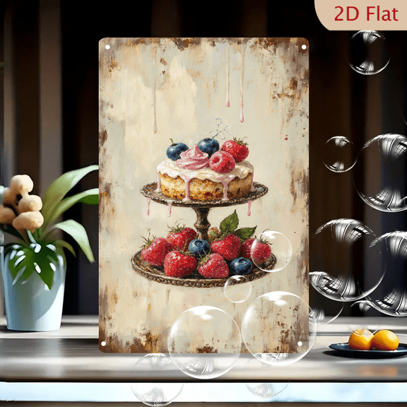2 Tier Cake Stand with Fresh Berries Rustic Vintage Drip Art 8x12 Inch Metal Tin Sign Wall Decor for Kitchen Dining Room Cafe