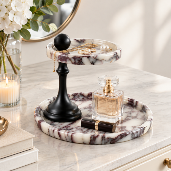 2-Tier Calacatta Violet Marble Decorative Tray for Bathroom Vanity, Kitchen, and Home Organization