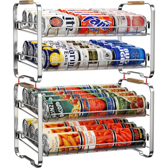 2-Tier Can Organizer for Pantry, 16.9"W  11.5"D  16.7"H, Stackable Metal Adjustable Hold 40 Cans Rack Storage Holder Dispenser for Soda Drinks Fruits, for Kitchen Countertop, 2 Pack Chrome