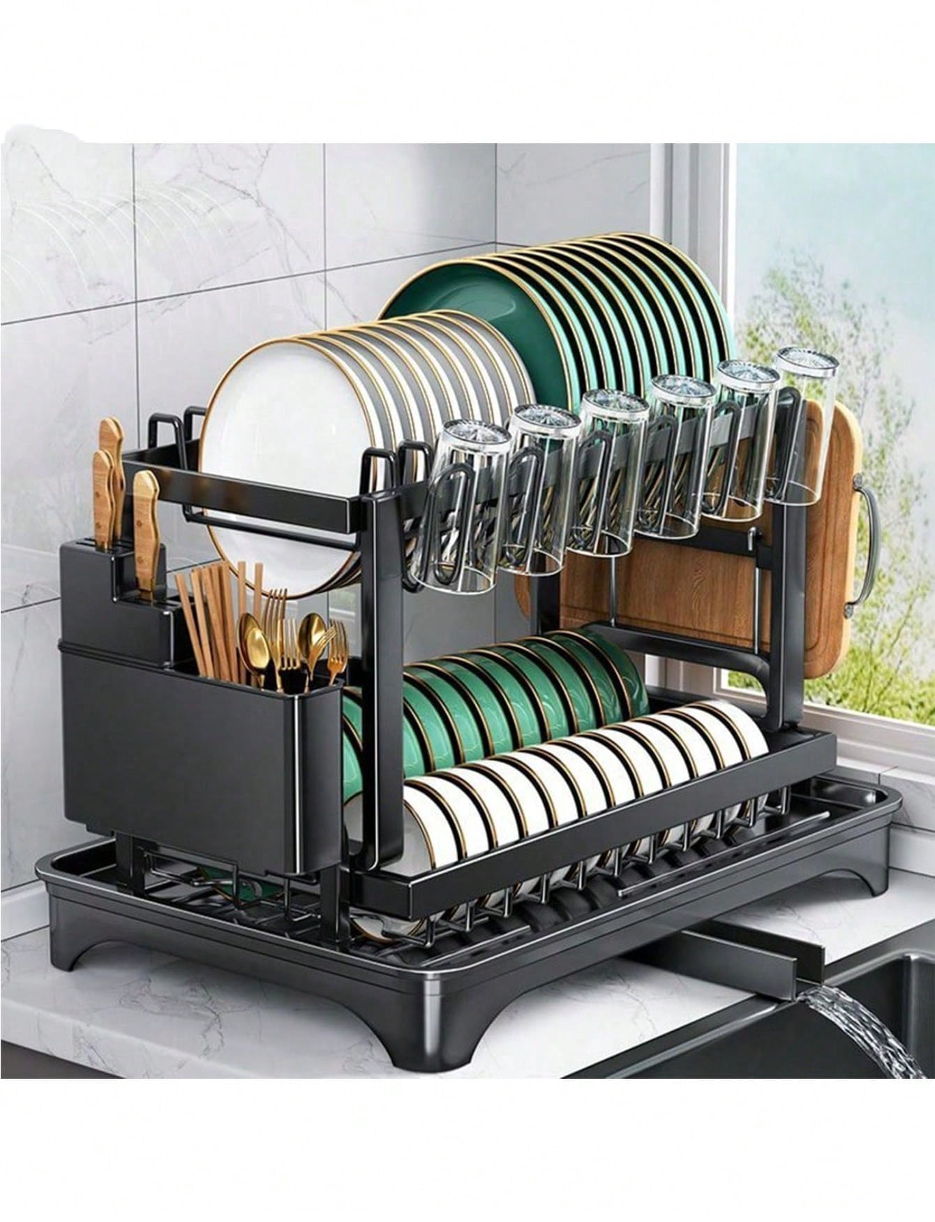2 Tier Carbon Steel Dish Drying Rack, Black Kitchen Counter Dish ...