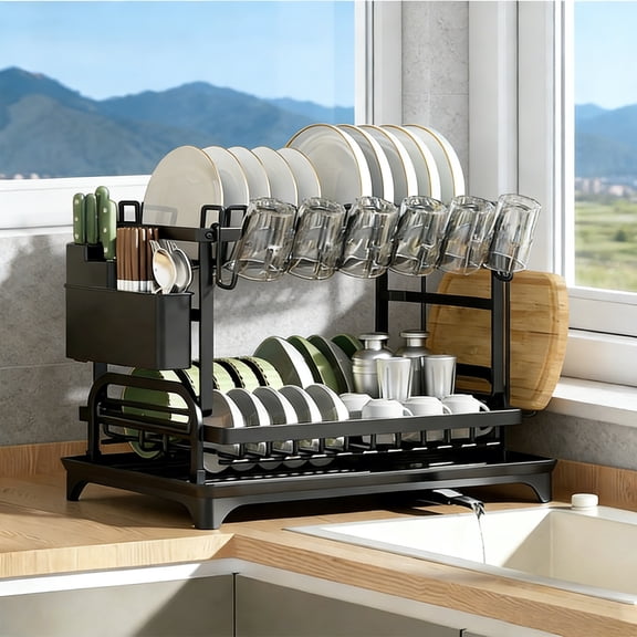 2-Tier Stainless Steel Dish Drying Rack, Dish Rack with Auto Drainage System, Utensil Cups Holders and Cutting Board Holder
